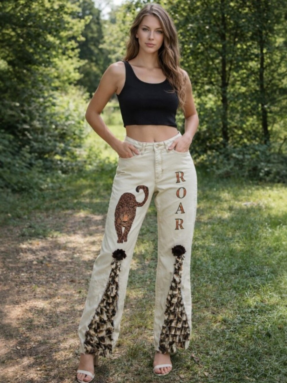 Upcycled Hand Painted Cream Jeans Size 10 Leopard Bellbottom High Rise Slim